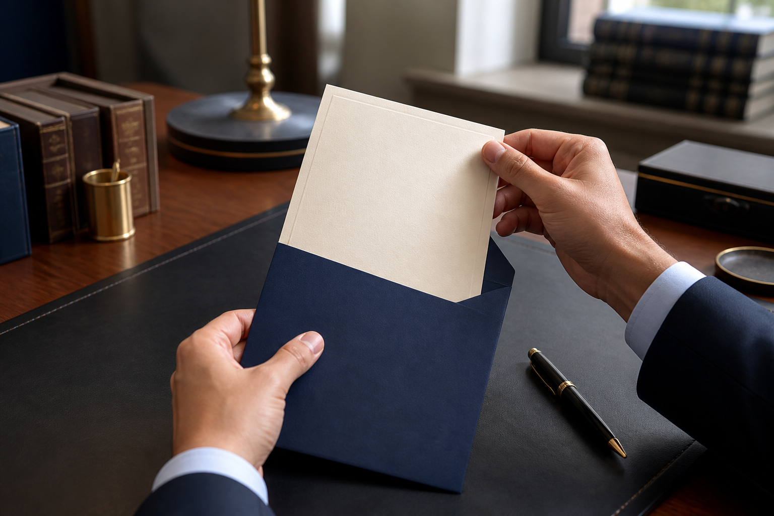 Mãos retirando um documento sem identificação de um envelope azul sobre uma mesa de escritório